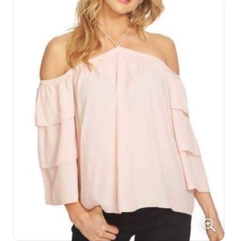1. State Cold Shoulder Light pink Ruffle Sleeve Halter Blouse M NWT